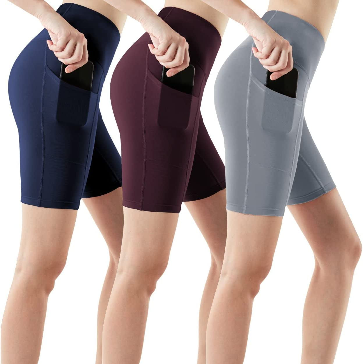 Women'S High Waist Yoga Shorts, Tummy Control Stretch Fabric with Pocket for Running, Workout and Exercise